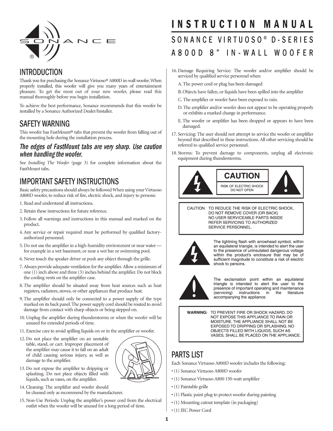 Sonance A800D important safety instructions Introduction, Safety Warning, Important Safety Instructions, Parts List 