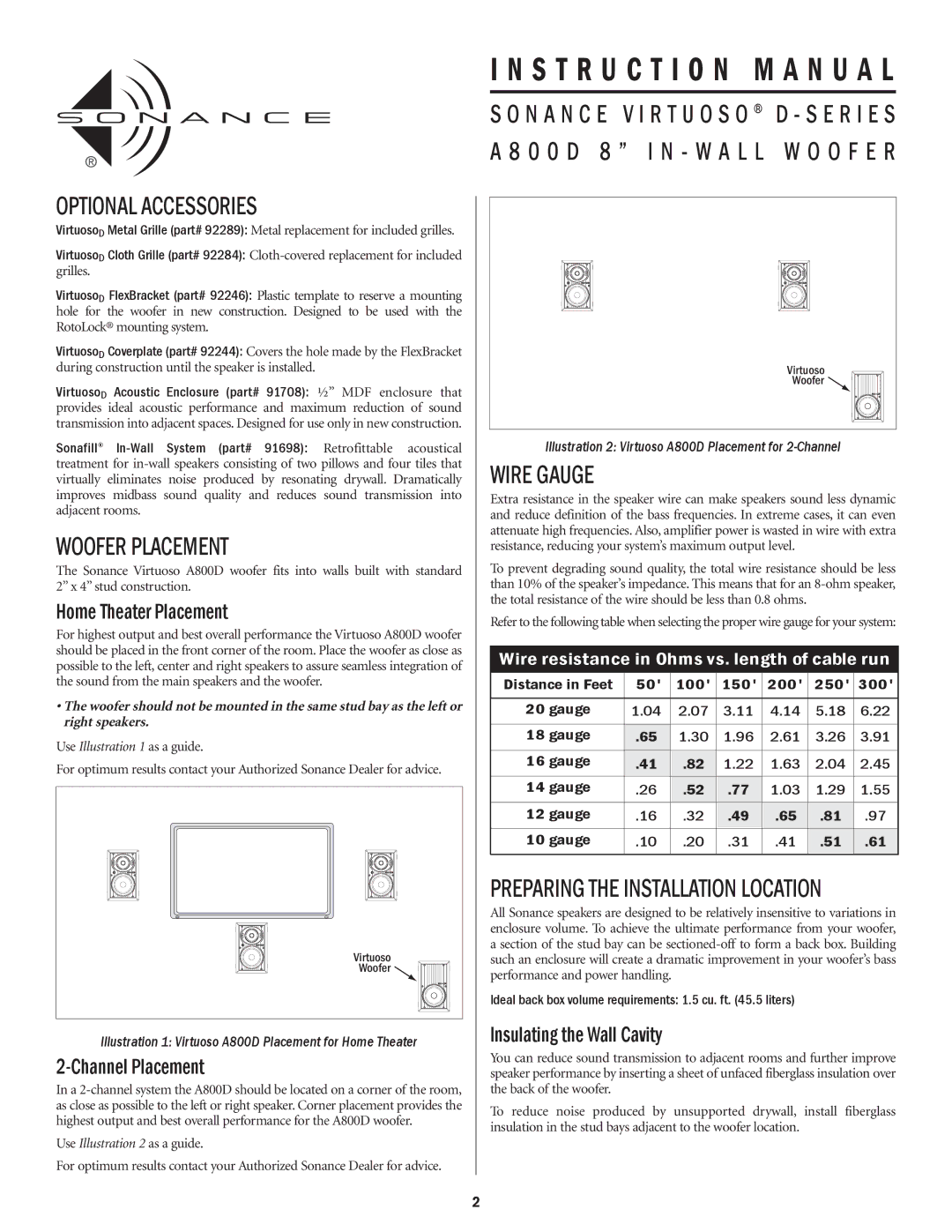 Sonance A800D Optional Accessories, Woofer Placement, Wire Gauge, Preparing the Installation Location 