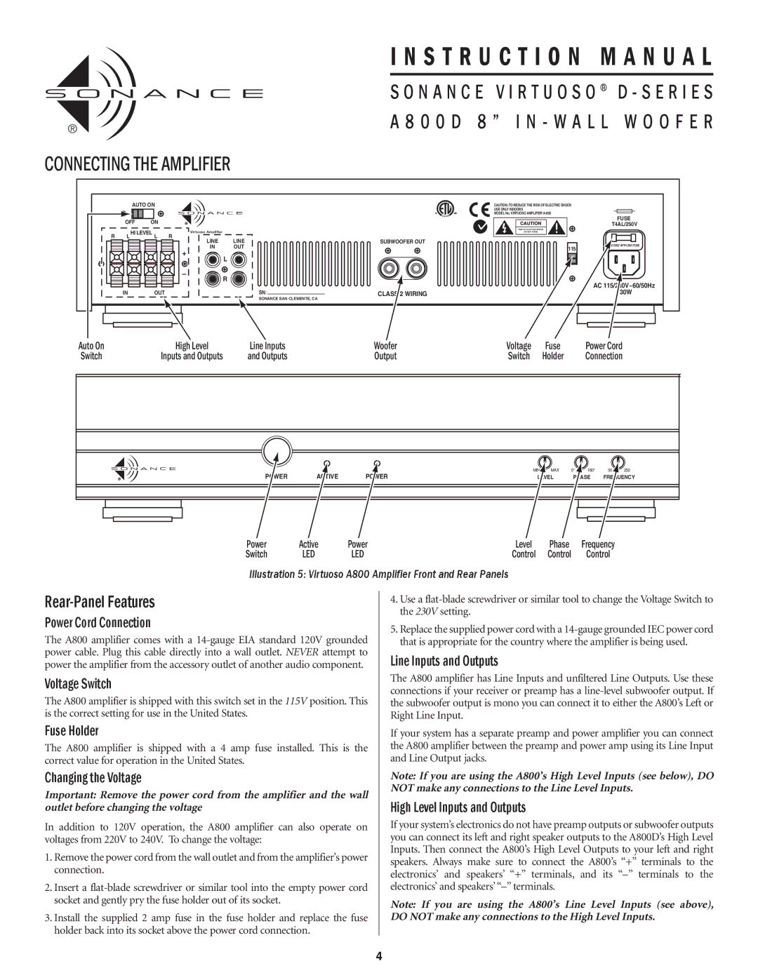 Sonance A800D important safety instructions Connecting the Amplifier, Rear-Panel Features 