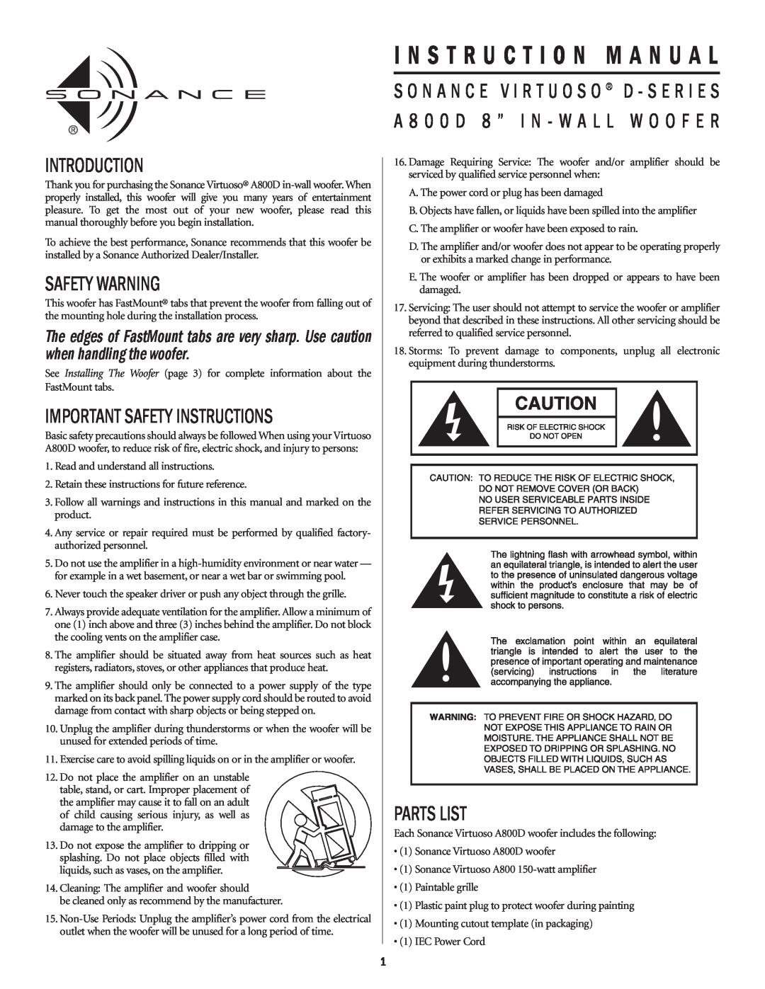 Sonance A800D important safety instructions I N S T R U C T I O N M A N U A L, Introduction, Safety Warning, Parts List 