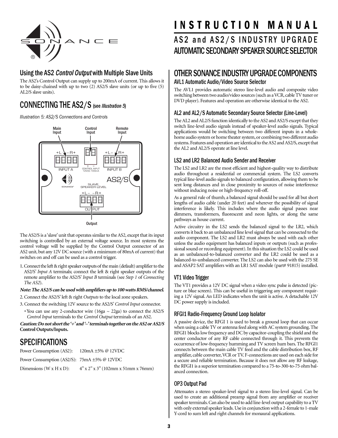 Sonance AS2S Connecting the AS2/S see Illustration, Specifications, Illustration 5 AS2/S Connections and Controls 