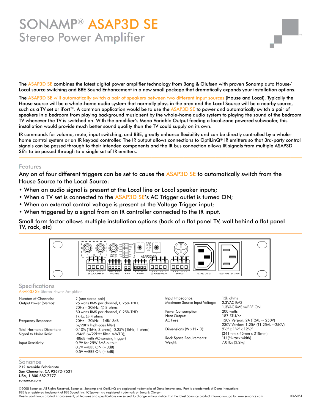 Sonance manual Features, Sonance, Specifications, ASAP3D SE Stereo Power Amplifier 