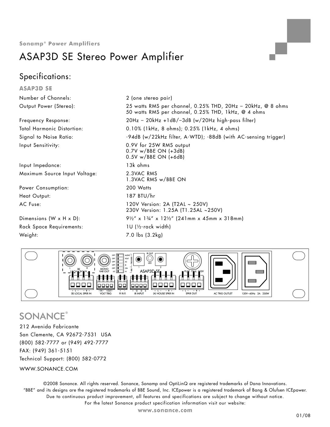 Sonance manual Specifications, ASAP3D SE, 3VAC RMS 