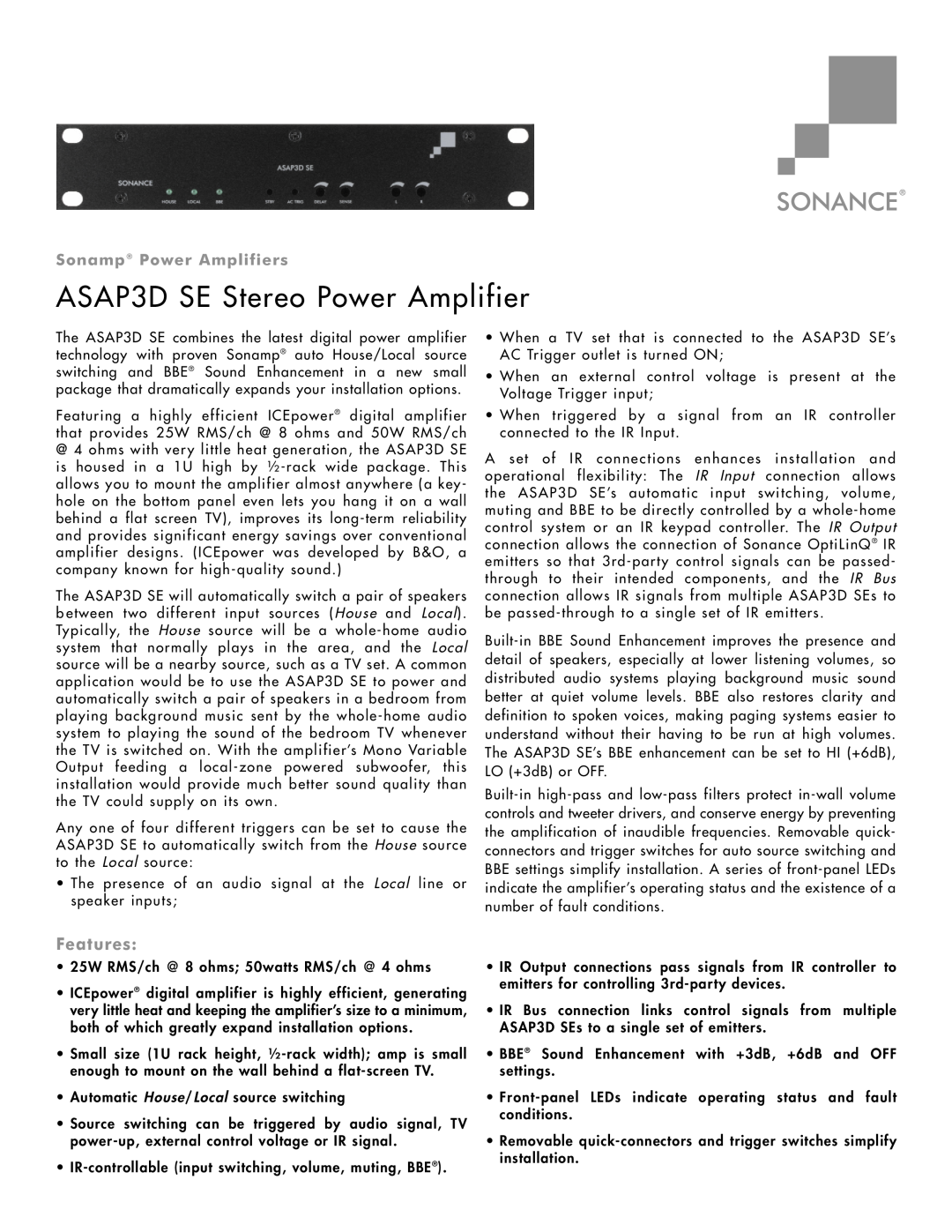 Sonance manual ASAP3D SE Stereo Power Amplifier, Features, Sonamp Power Amplifiers 