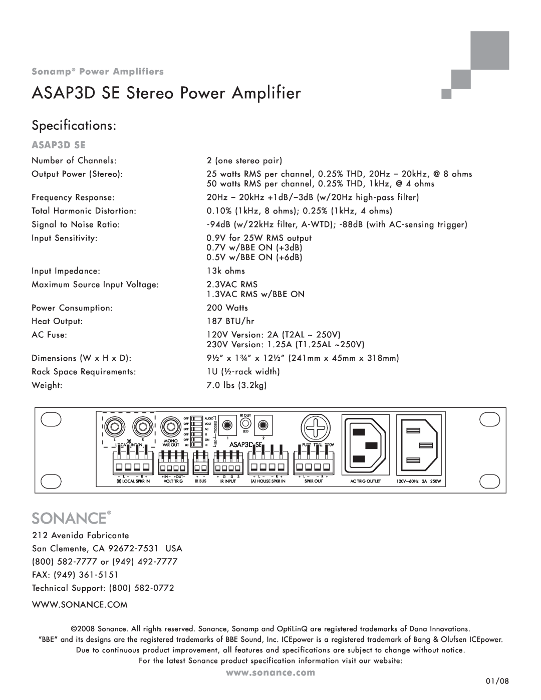 Sonance manual ASAP3D SE Stereo Power Amplifier, Specifications, Sonamp Power Amplifiers 