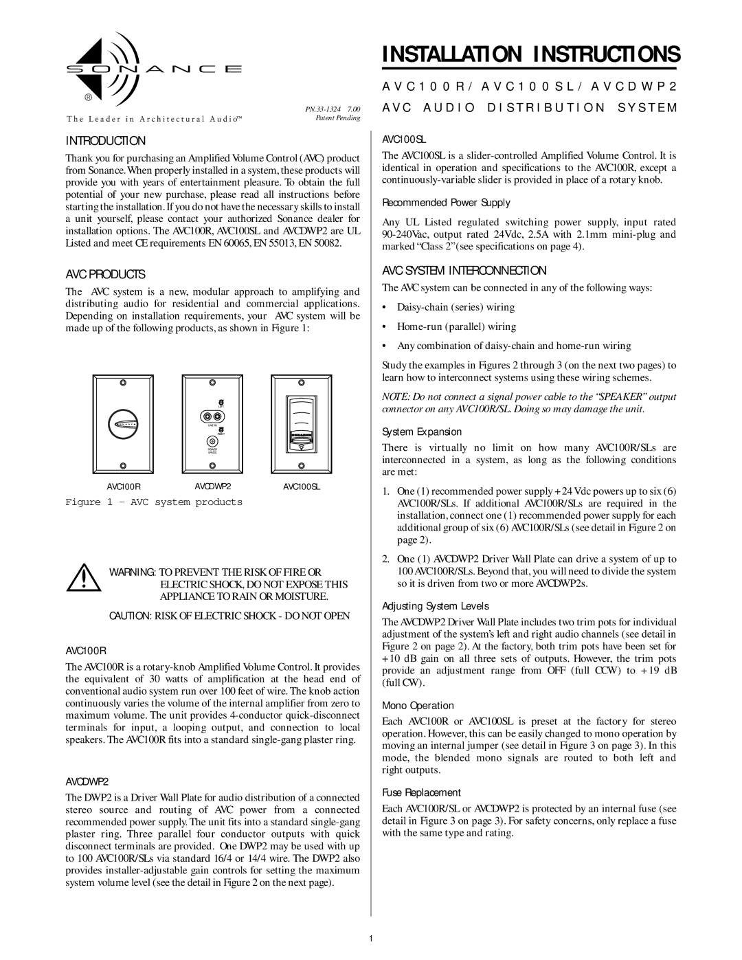 Sonance AVC100SL, AVC100R, AVCDWP2 installation instructions Introduction, AVC Products, AVC System Interconnection 