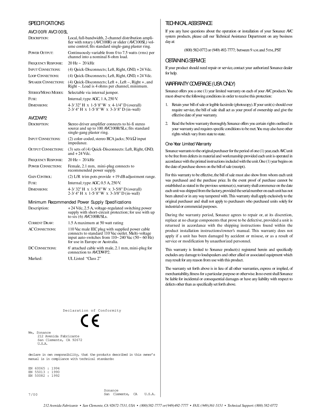 Sonance AVCDWP2 Specifications, Technical Assistance, Obtaining Service, Warranty Coverage USA only, AVC100R/AVC100SL 