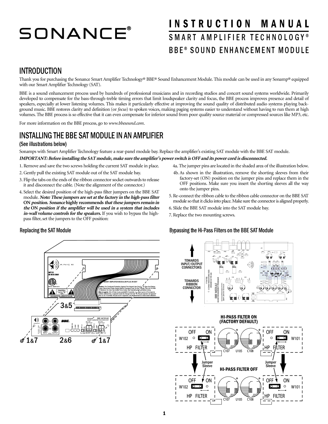 Sonance instruction manual Introduction, Installing the BBE SAT Module in AN Amplifier, See illustrations below 