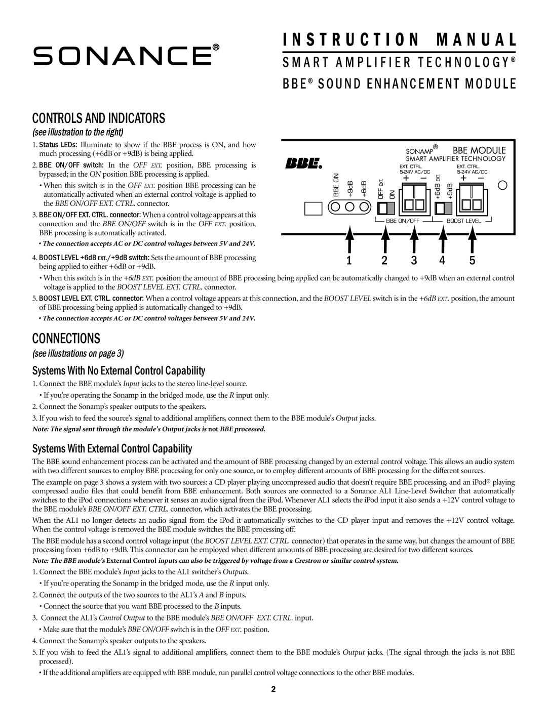 Sonance BBE instruction manual Controls and Indicators, Connections 