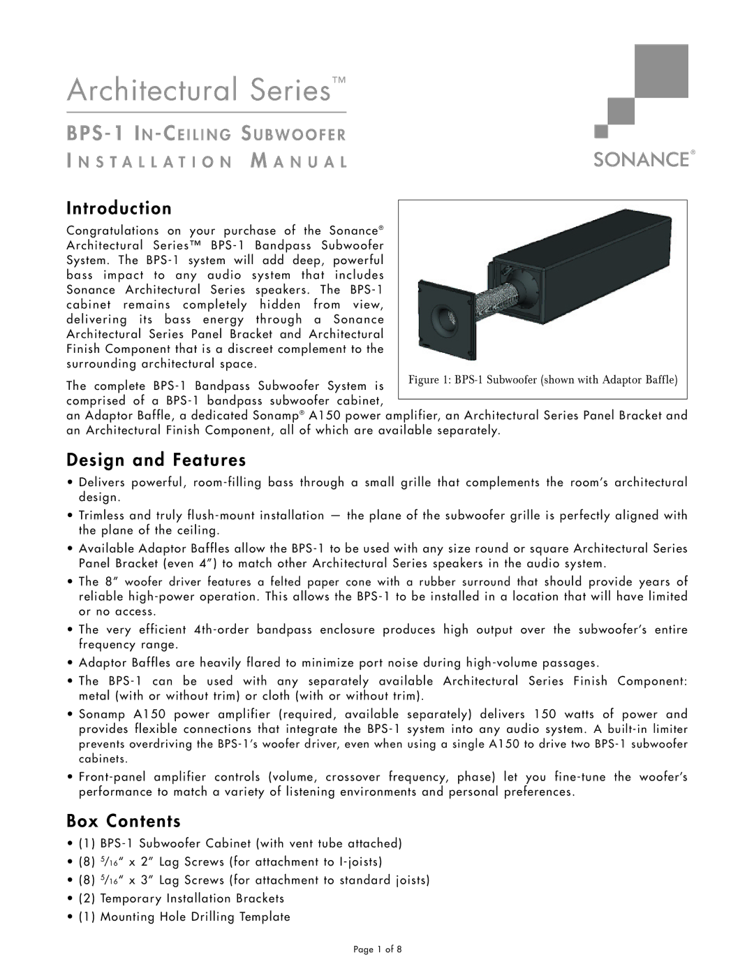 Sonance BPS-1 installation manual Introduction, Design and Features, Box Contents 