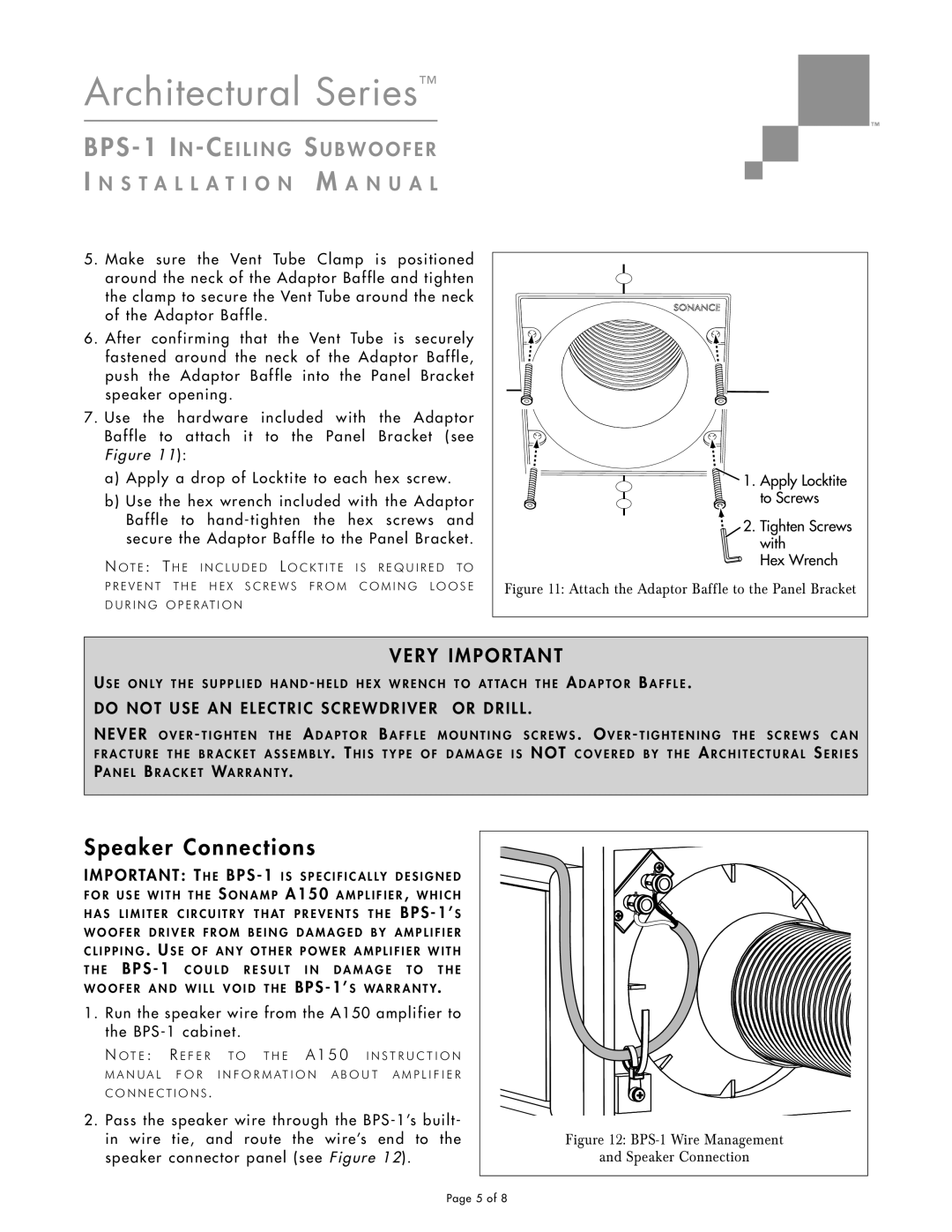 Sonance BPS-1 installation manual Speaker Connections, Very Important 