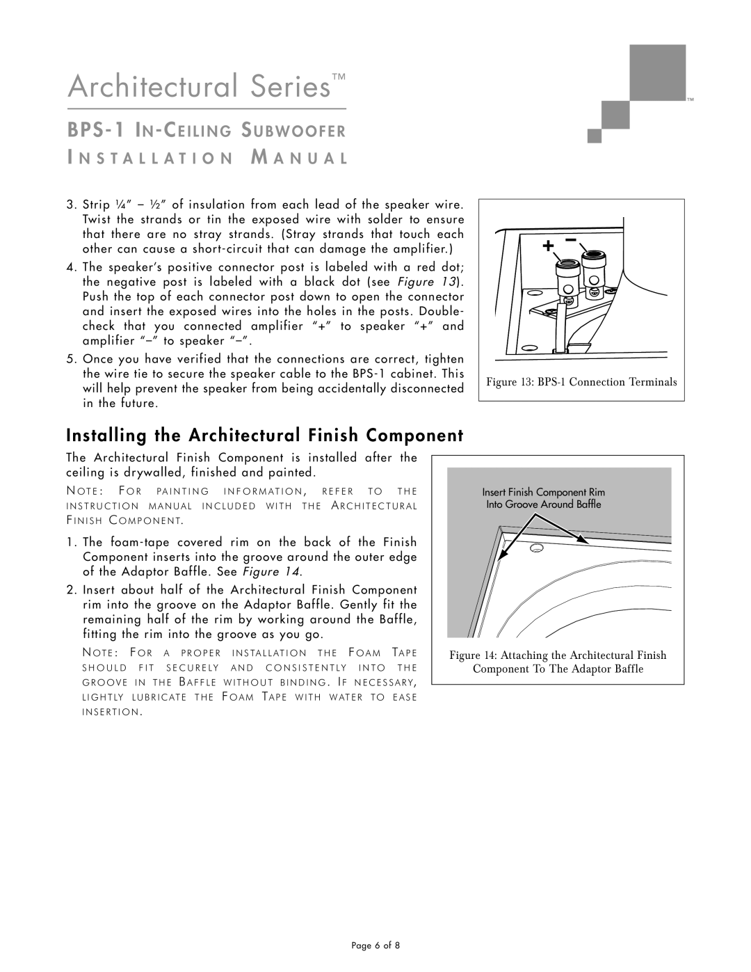 Sonance installation manual Installing the Architectural Finish Component, BPS-1 Connection Terminals 