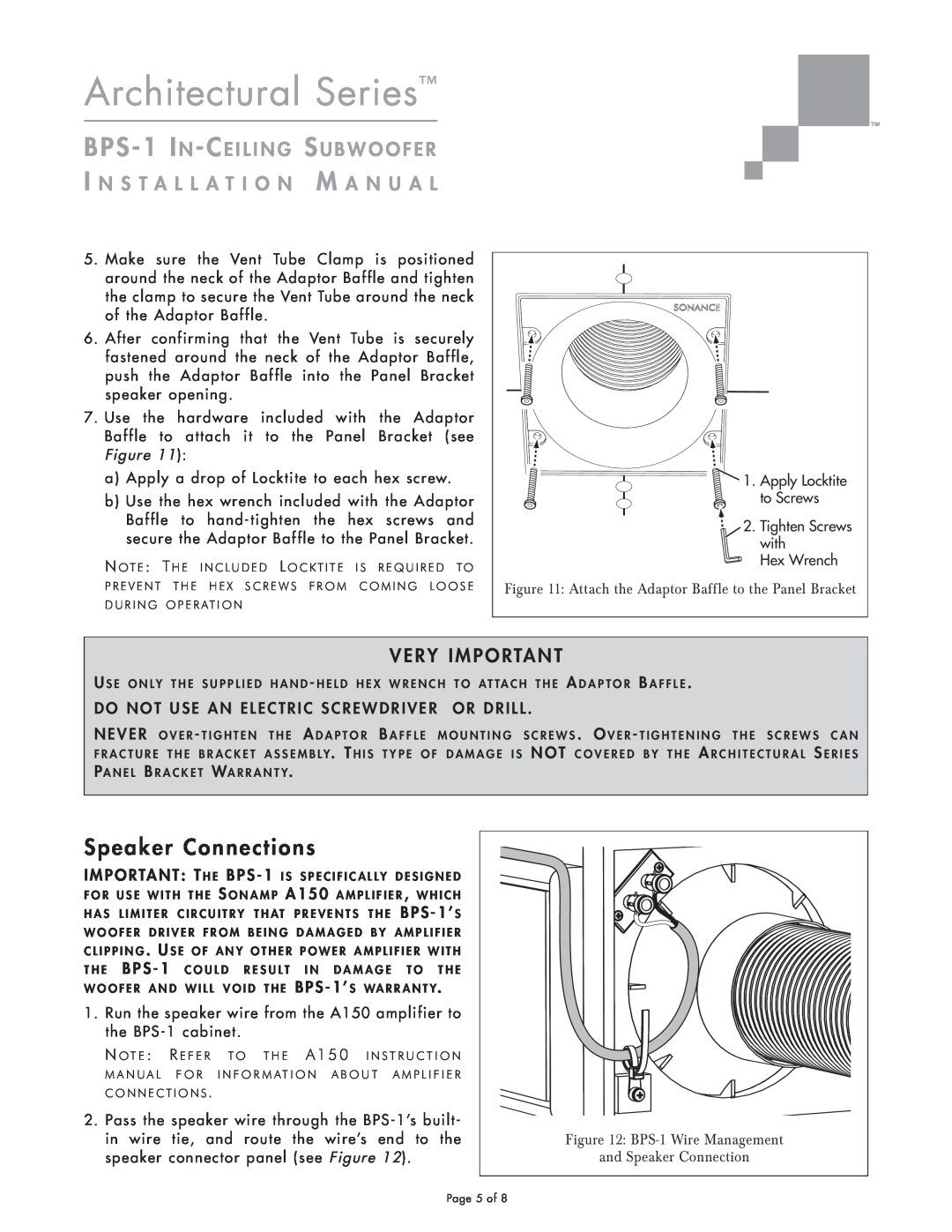 Sonance BPS-1 installation manual Speaker Connections, Architectural Series, Very Important 