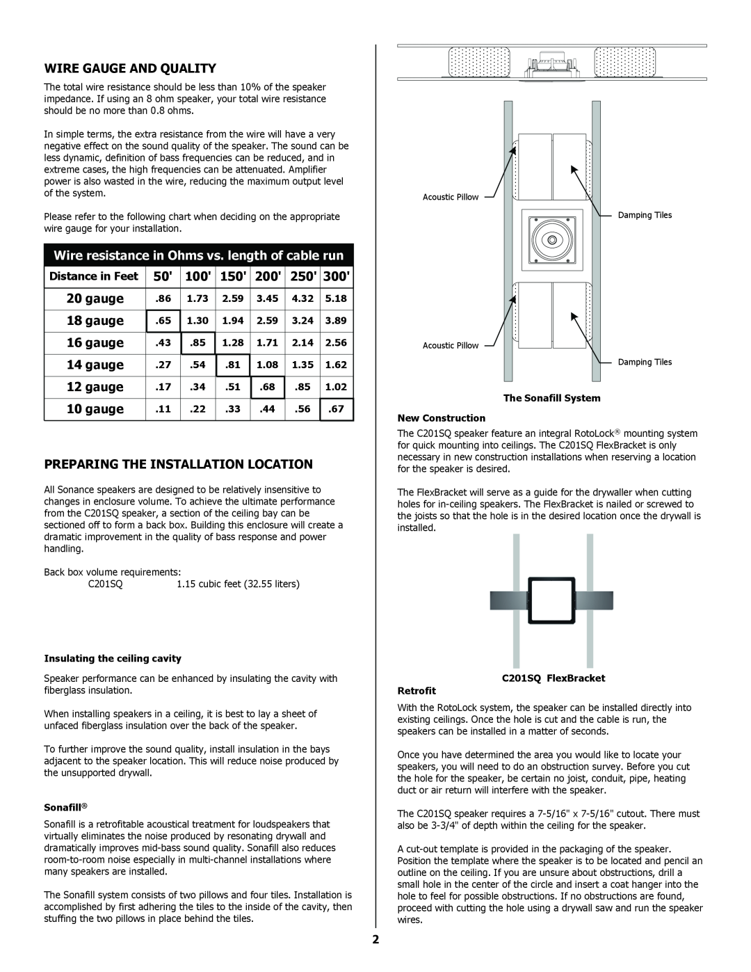Sonance C2015Q installation instructions Wire Gauge And Quality, Wire resistance in Ohms vs. length of cable run 