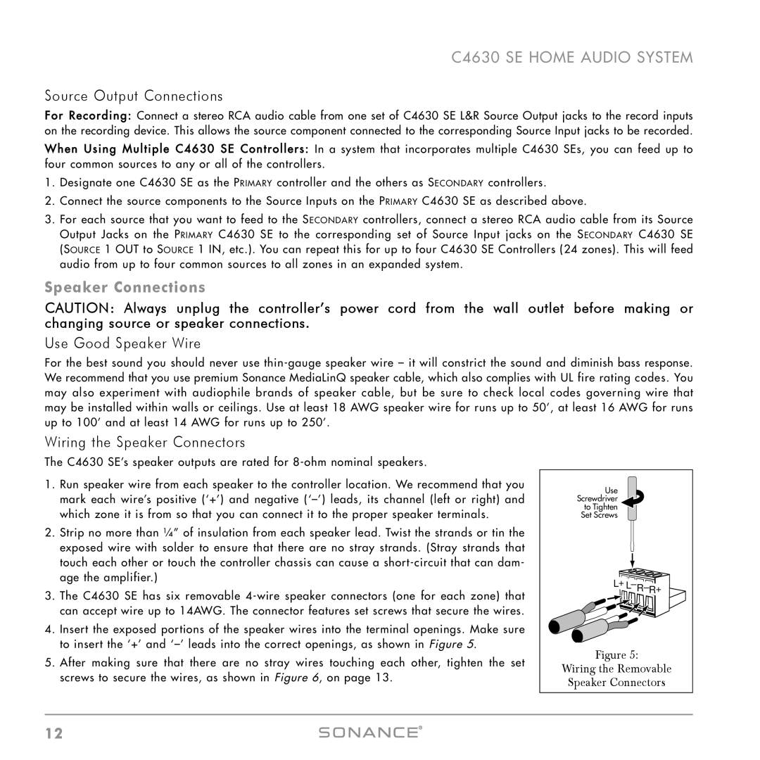 Sonance C4630 SE Source Output Connections, Speaker Connections, Use Good Speaker Wire, Wiring the Speaker Connectors 