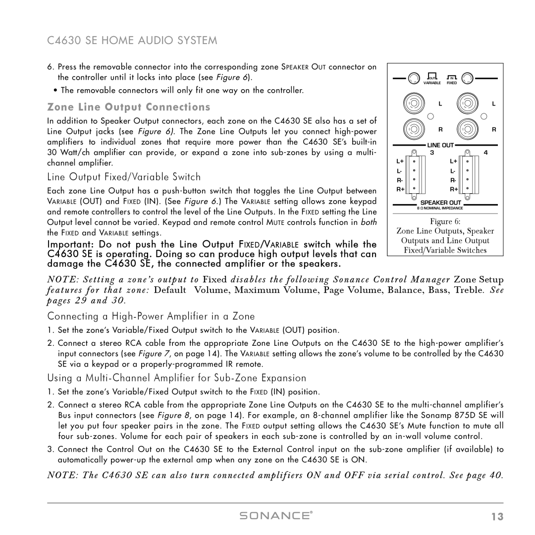 Sonance C4630 SE instruction manual Zone Line Output Connections, Line Output Fixed/Variable Switch 