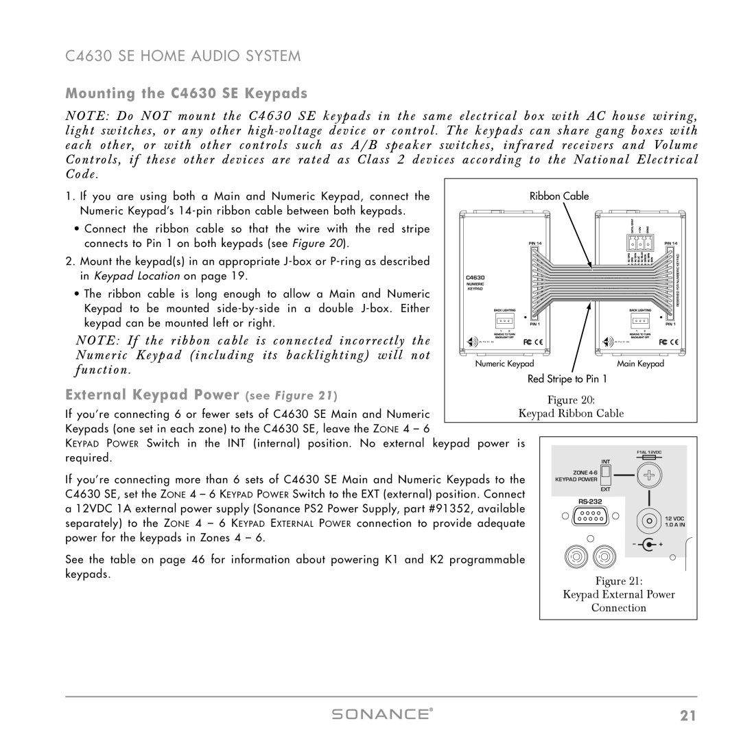 Sonance instruction manual Mounting the C4630 SE Keypads, External Keypad Power see Figure, Keypad Ribbon Cable 