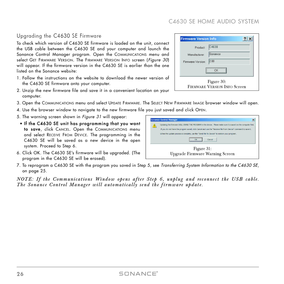 Sonance instruction manual Upgrading the C4630 SE Firmware, Upgrade Firmware Warning Screen 