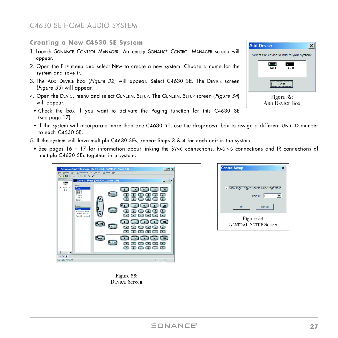 Sonance instruction manual Creating a New C4630 SE System, Device Screen 