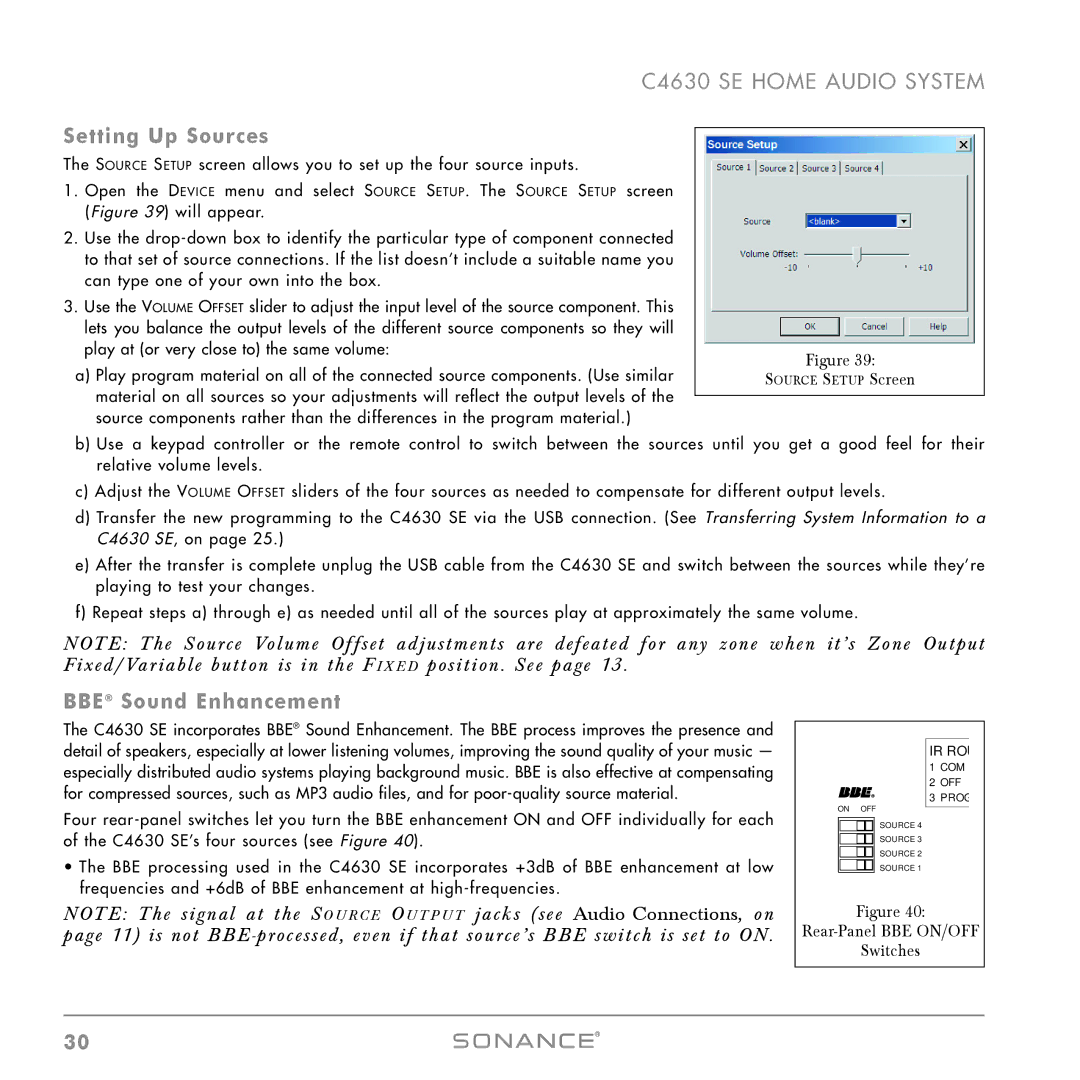 Sonance C4630 SE instruction manual Setting Up Sources, BBE Sound Enhancement, Rear-Panel BBE ON/OFF Switches 