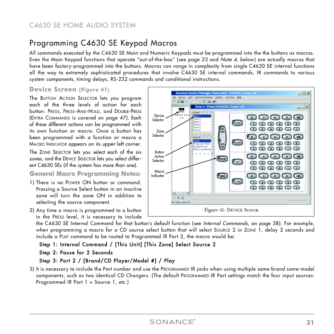 Sonance instruction manual Programming C4630 SE Keypad Macros, Device Screen Figure, General Macro Programming Notes 