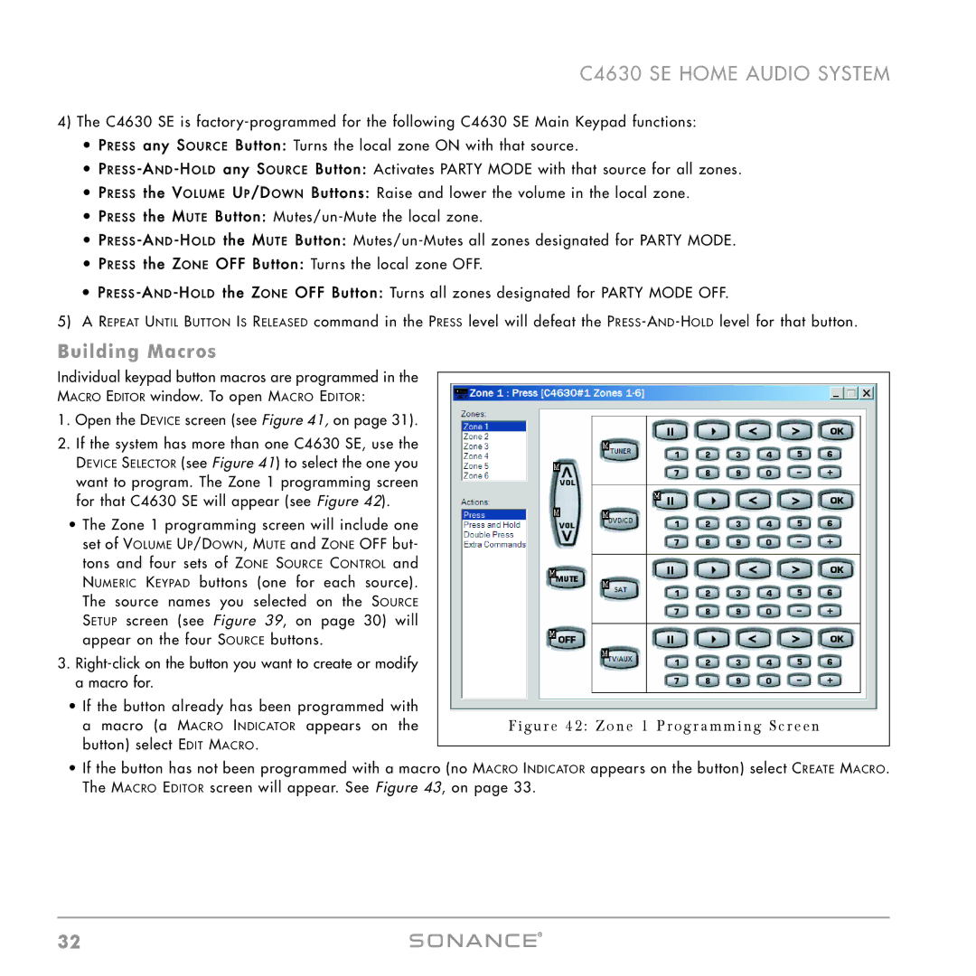 Sonance C4630 SE instruction manual Building Macros, Fi g u re 4 2 Z o n e 1 P ro g r a m m i n g S c re e n 