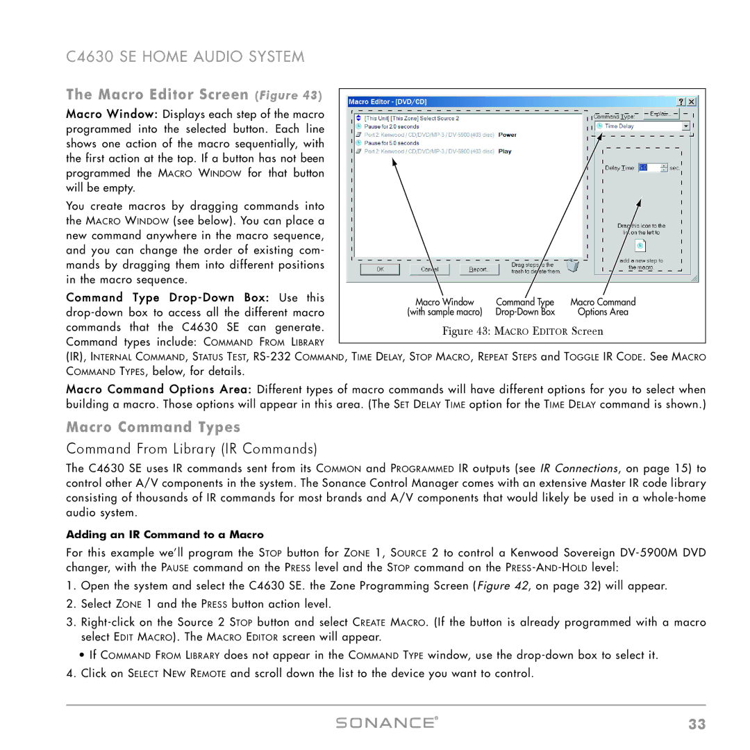 Sonance C4630 SE instruction manual Macro Editor Screen Figure, Macro Command Types, Command From Library IR Commands 