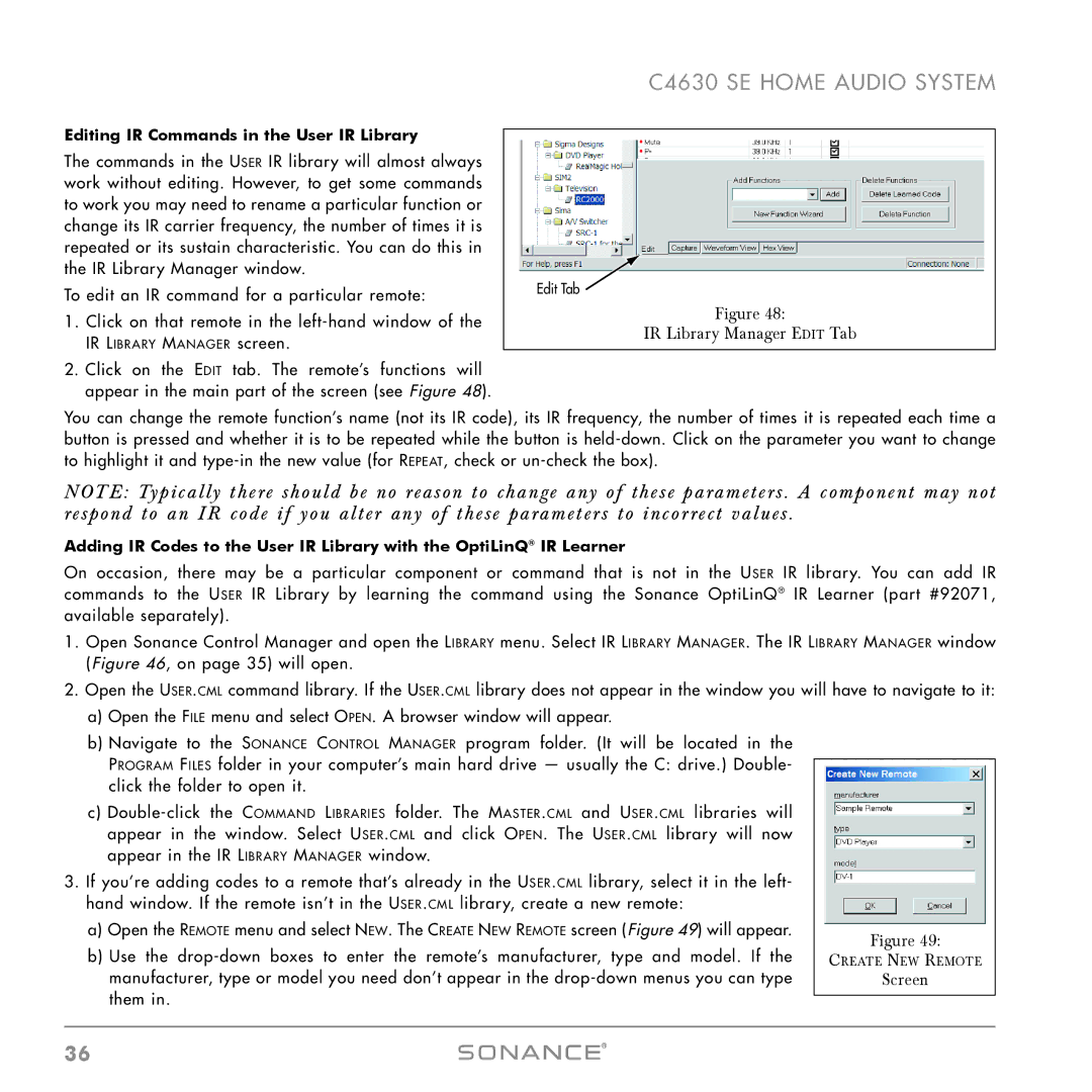 Sonance C4630 SE instruction manual IR Library Manager Edit Tab, Editing IR Commands in the User IR Library 