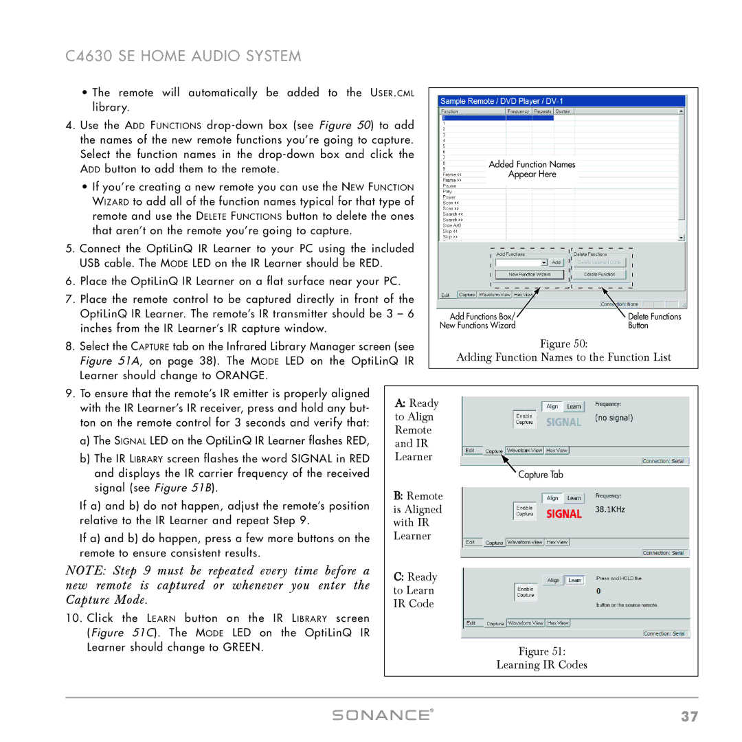 Sonance C4630 SE instruction manual Adding Function Names to the Function List, Ready to Align Remote and IR Learner 