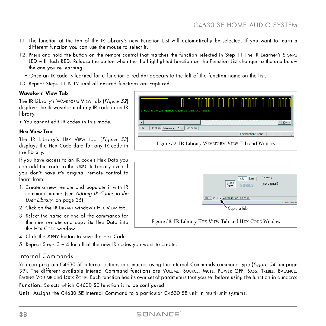 Sonance C4630 SE instruction manual Internal Commands, Waveform View Tab, Hex View Tab 