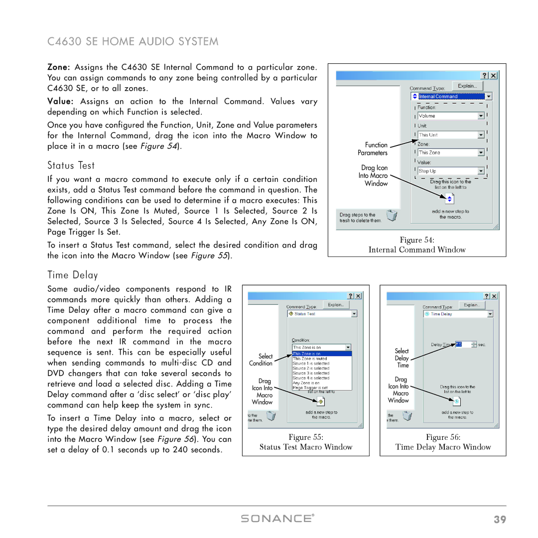 Sonance C4630 SE instruction manual Internal Command Window, Status Test Macro Window, Time Delay Macro Window 