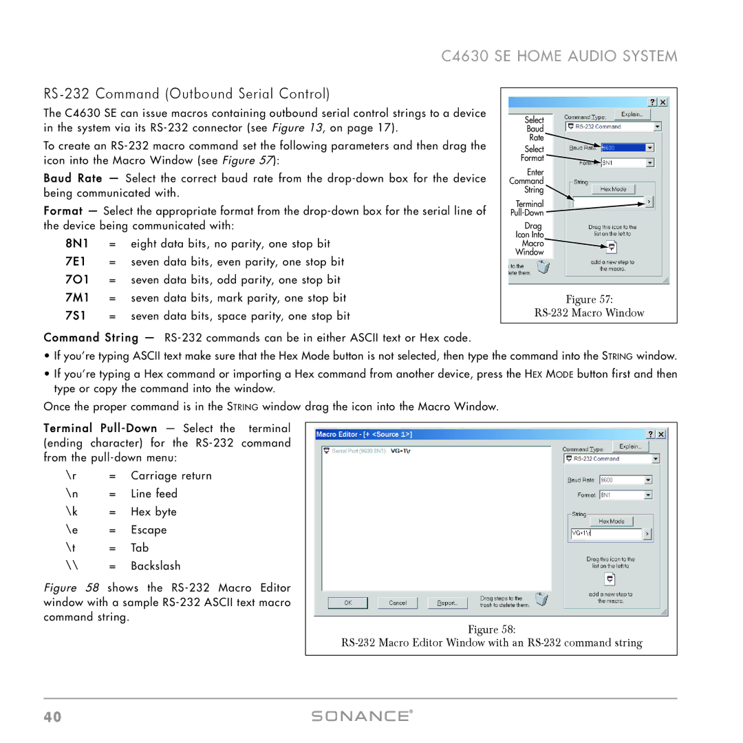 Sonance C4630 SE instruction manual RS-232 Command Outbound Serial Control, RS-232 Macro Window 