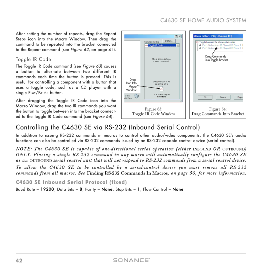 Sonance instruction manual Controlling the C4630 SE via RS-232 Inbound Serial Control, Toggle IR Code Window 