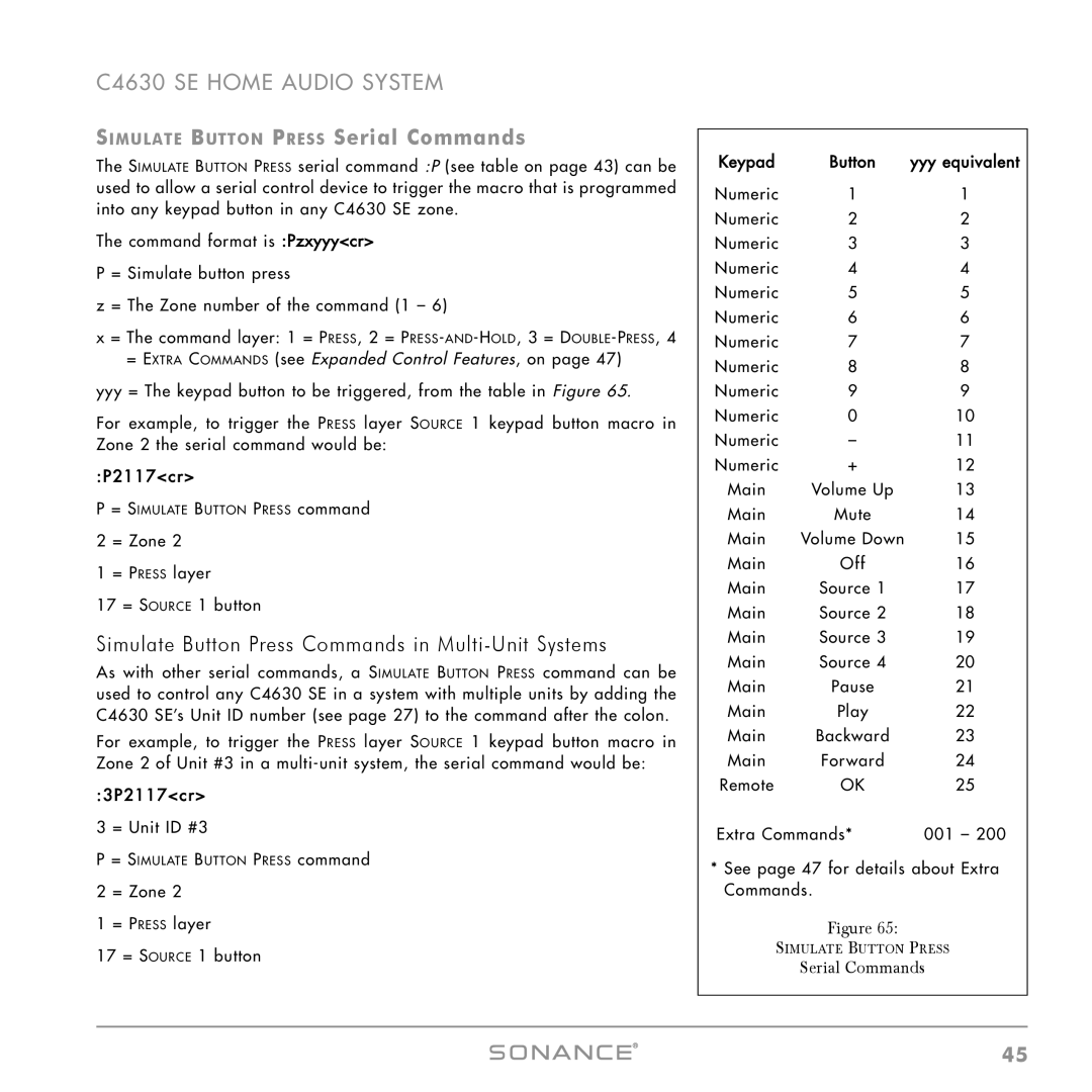 Sonance C4630 SE instruction manual Simulate Button Press Commands in Multi-Unit Systems, Serial Commands 