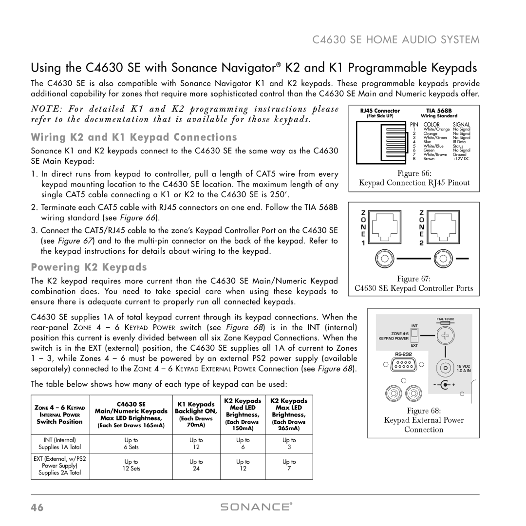 Sonance C4630 SE instruction manual Wiring K2 and K1 Keypad Connections, Powering K2 Keypads 