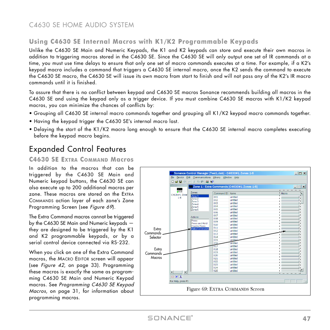 Sonance instruction manual Expanded Control Features, C4630 SE Extra Command Macros 