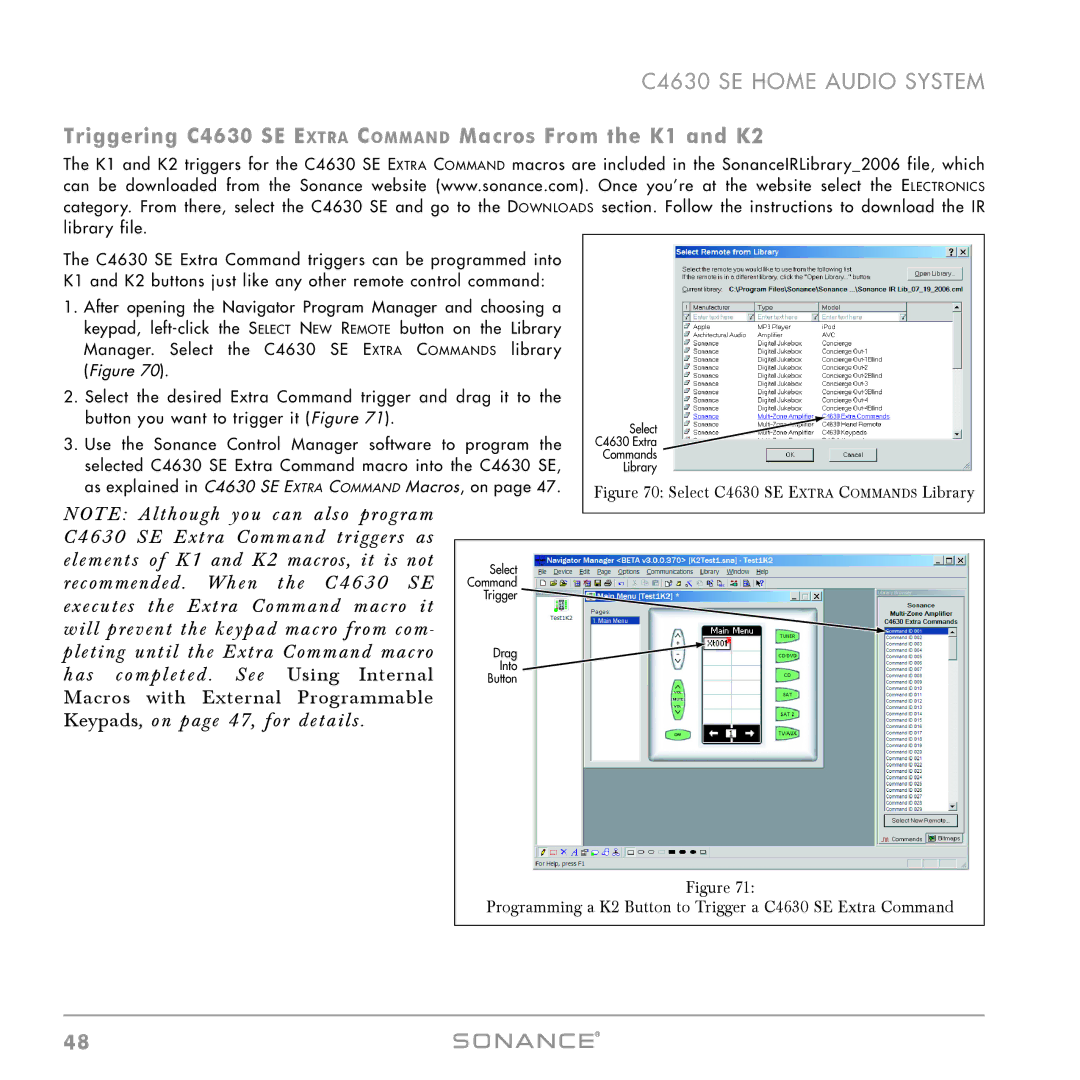 Sonance instruction manual Triggering C4630 SE Extra Command Macros From the K1 and K2 