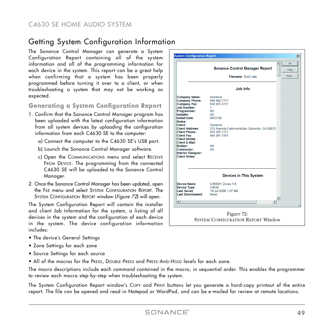 Sonance C4630 SE instruction manual Getting System Configuration Information, Generating a System Configuration Report 