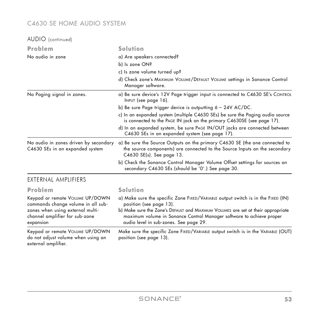 Sonance C4630 SE instruction manual Audio 