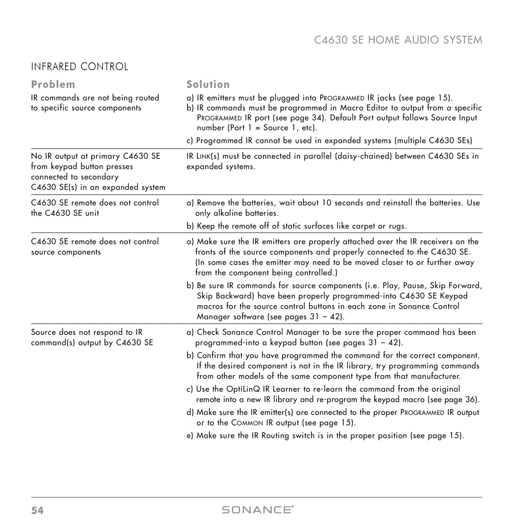 Sonance C4630 SE instruction manual Infrared Control 