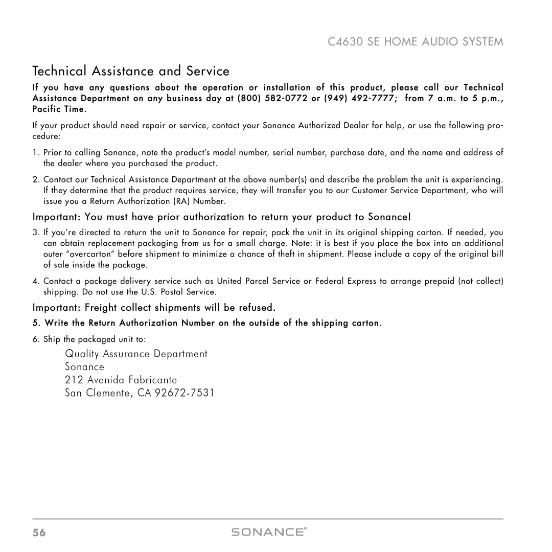 Sonance C4630 SE instruction manual Technical Assistance and Service, Important Freight collect shipments will be refused 