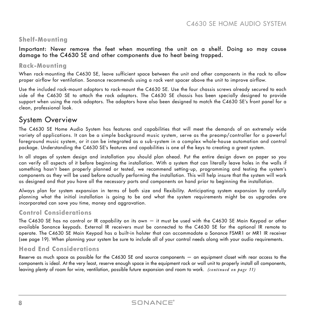 Sonance C4630 SE System Overview, Shelf-Mounting, Rack-Mounting, Control Considerations, Head End Considerations 