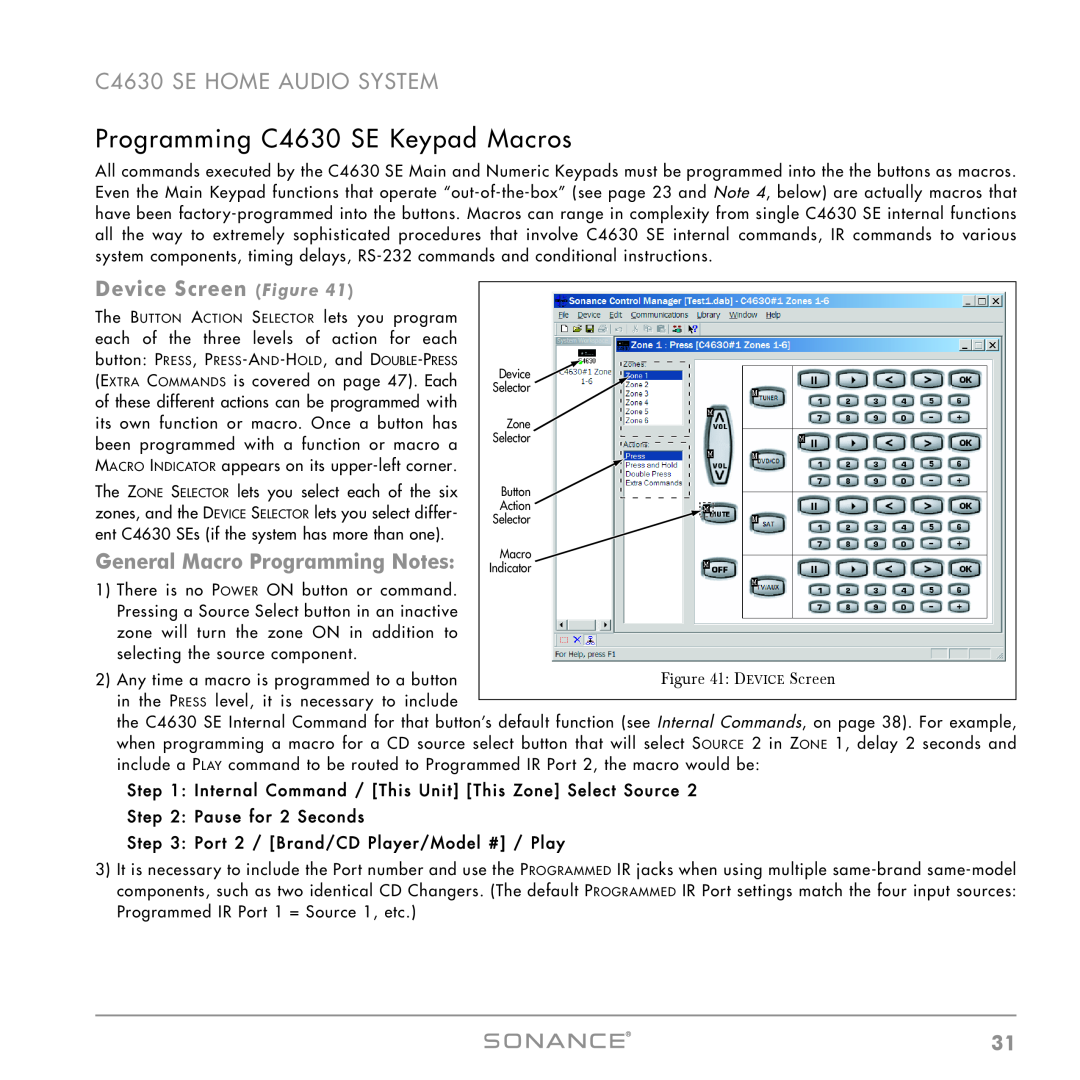 Sonance instruction manual Programming C4630 SE Keypad Macros, Device Screen Figure, General Macro Programming Notes 