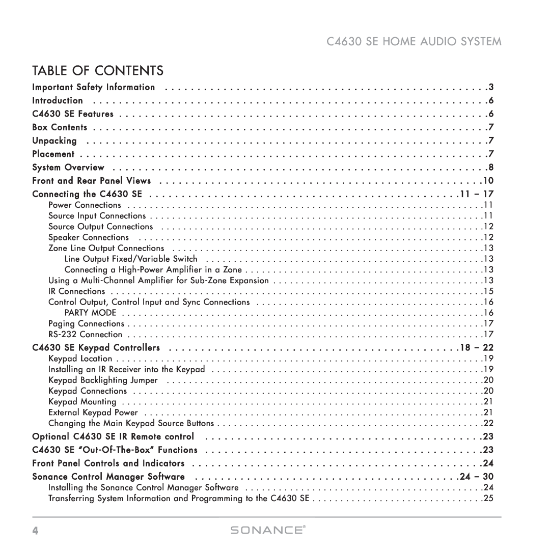 Sonance instruction manual Table Of Contents, C4630 SE HOME AUDIO SYSTEM 