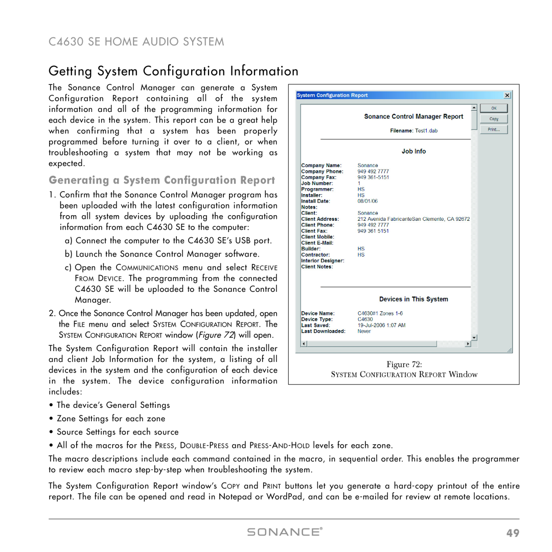 Sonance C4630 SE instruction manual Getting System Configuration Information, Generating a System Configuration Report 