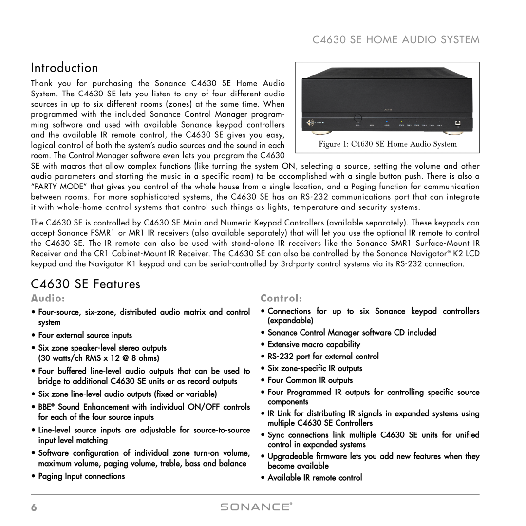 Sonance instruction manual Introduction, C4630 SE Features, Audio, Control 