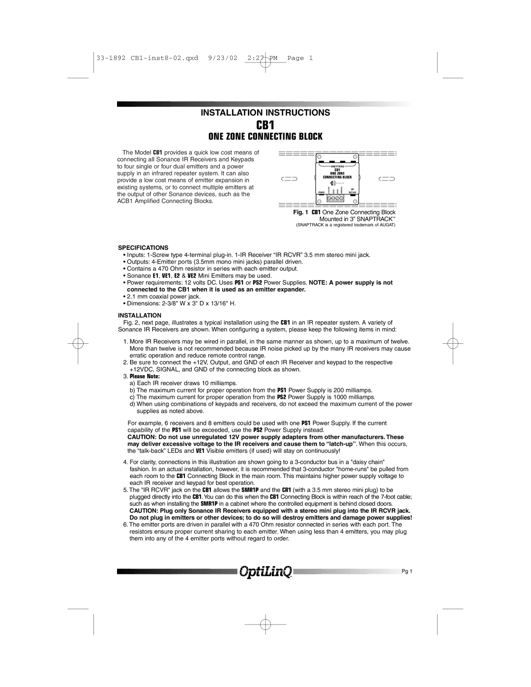 Sonance CB1 installation instructions Specifications, Installation 