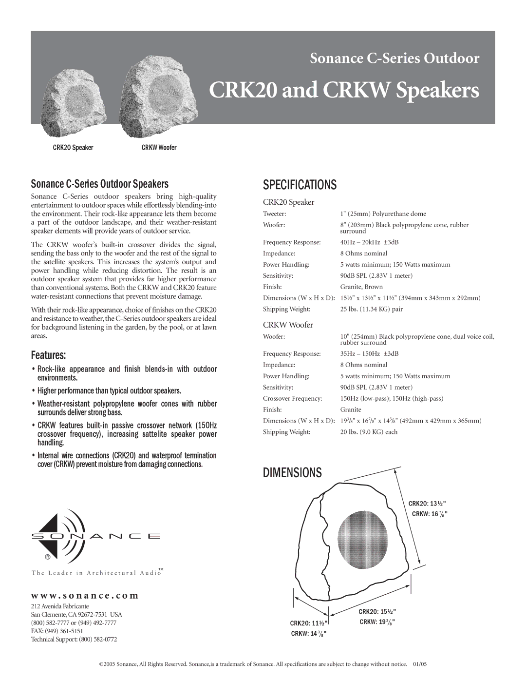 Sonance CRK 20, CRKW specifications CRK20 and Crkw Speakers, Specifications, Dimensions, Sonance C-Series Outdoor Speakers 