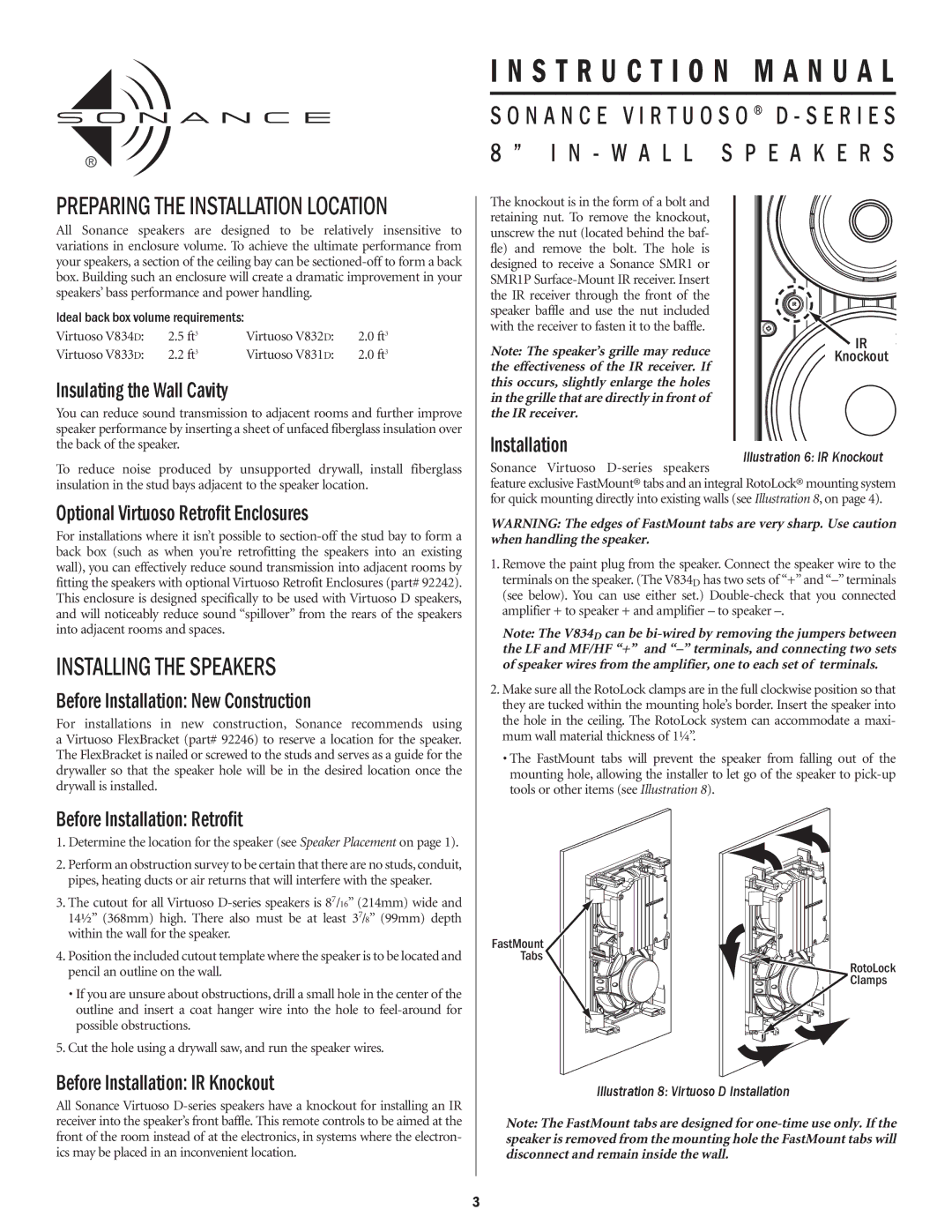 Sonance D-series instruction manual Preparing the Installation Location, Installing the Speakers 