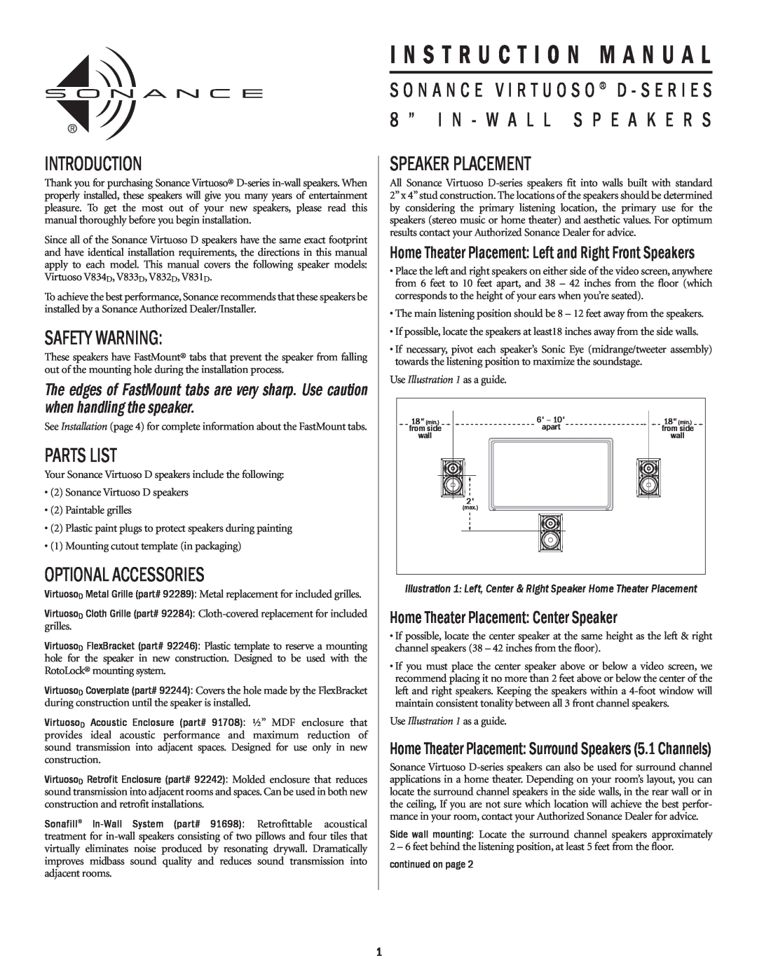 Sonance D-series instruction manual I N S T R U C T I O N M A N U A L, Introduction, Safety Warning, Parts List 